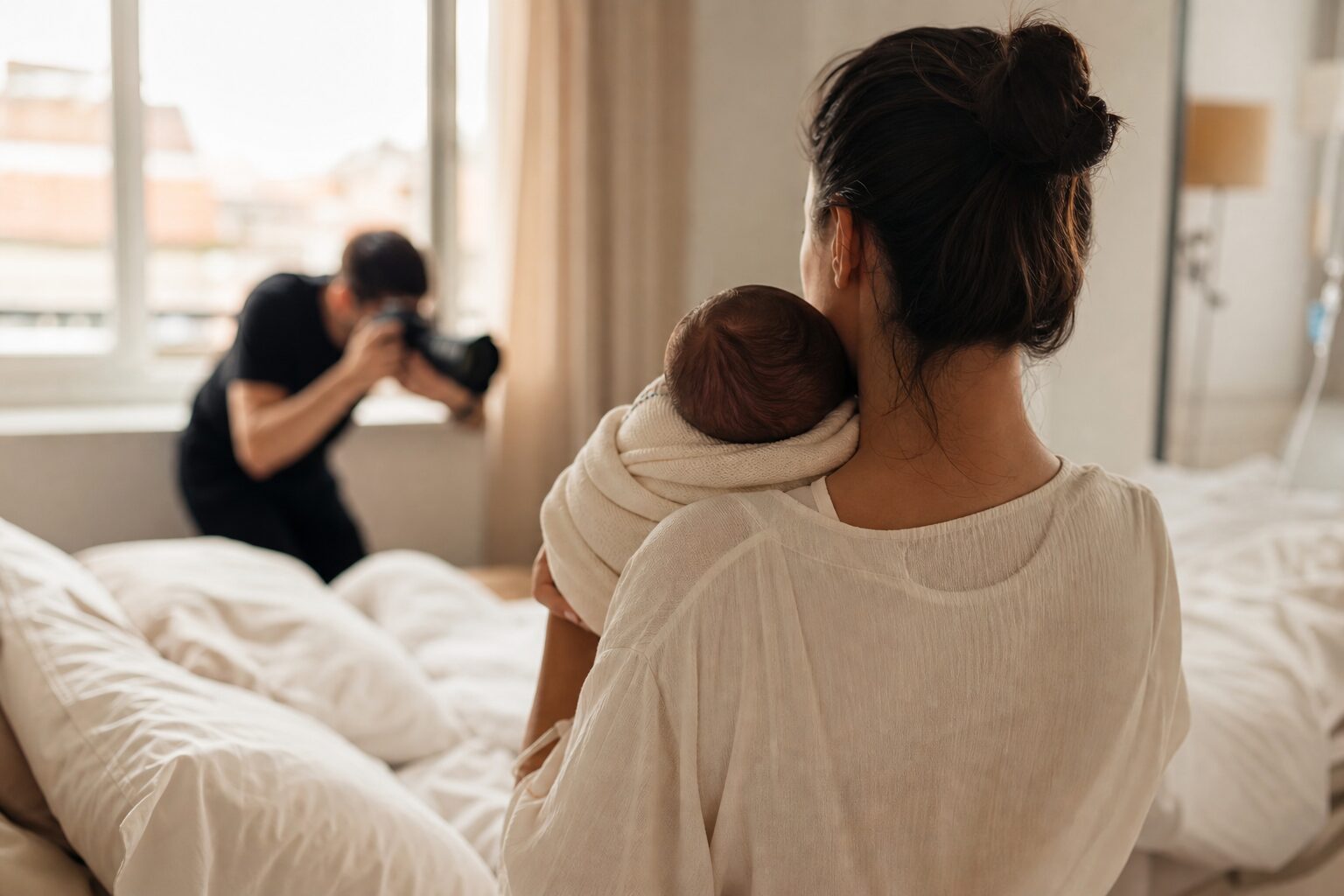 Illustration éditoriale : mère avec bébé et photographe naissance à Toulouse.