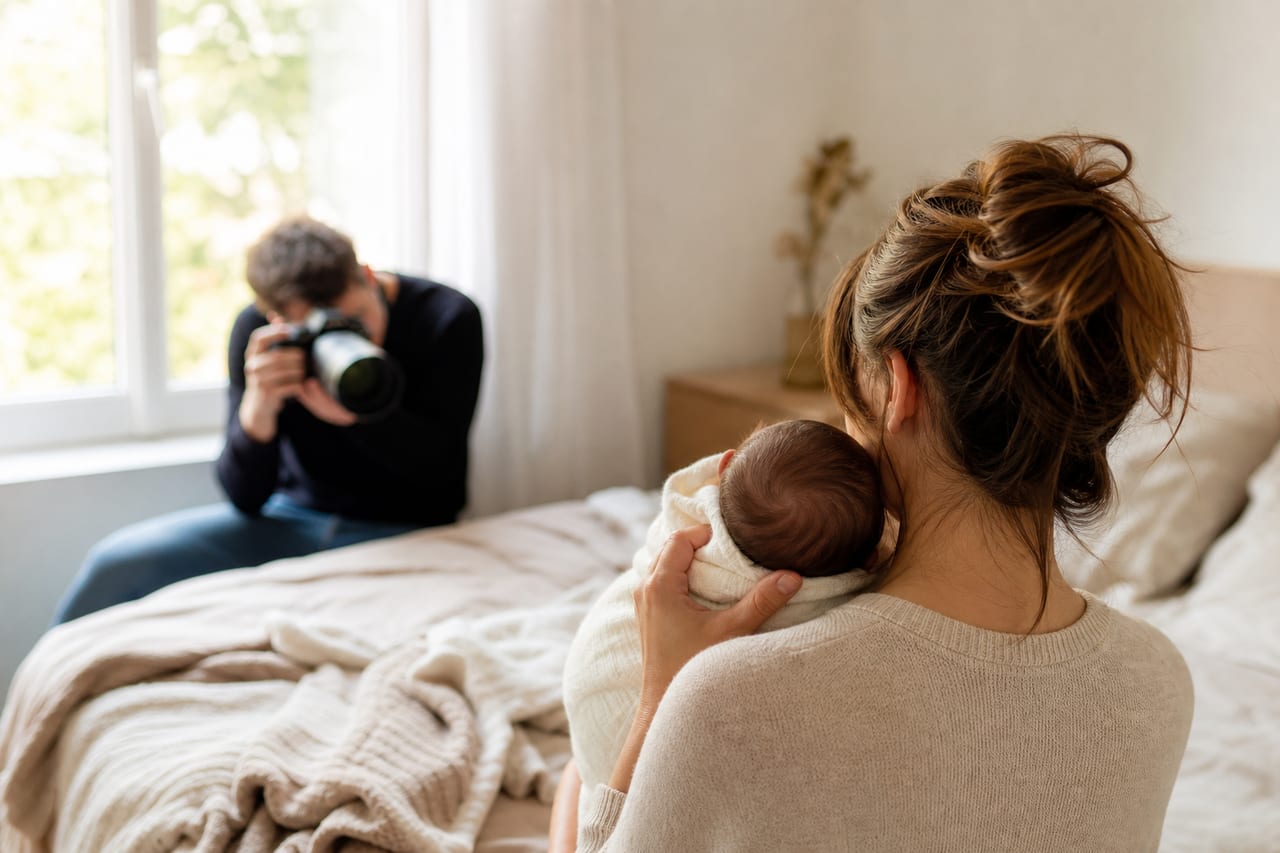 Photographe naissance à Toulouse : maman tenant bébé, photographe en arrière-plan.